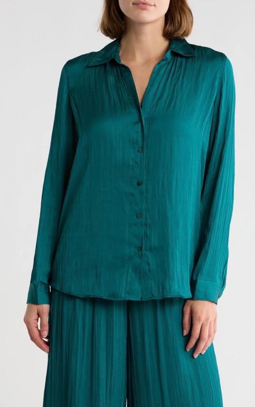 L'Agence Nina Long Sleeve Satin Crinkle Blouse in Ocean Teal XS